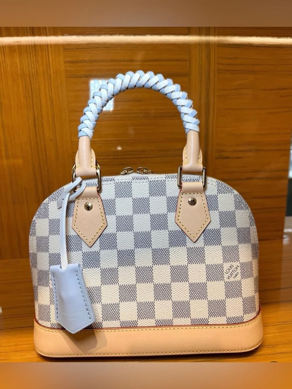 L V  White Checkered Top-Handle Bag with Braided Handle